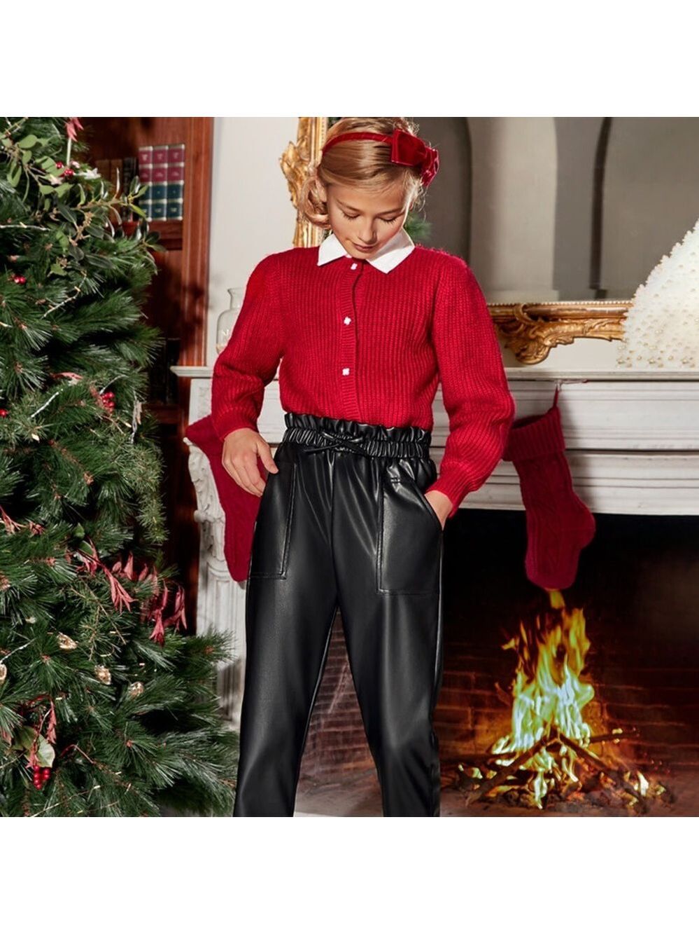 Mayoral Black Kids Formal Faux Leather Trousers